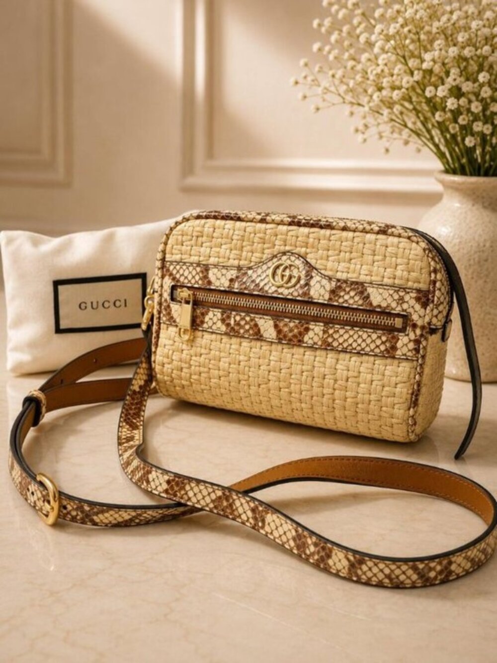 Authentic Gucci Ophidia Raffia & Python Leather Crossbody Bag Gold GG Logo